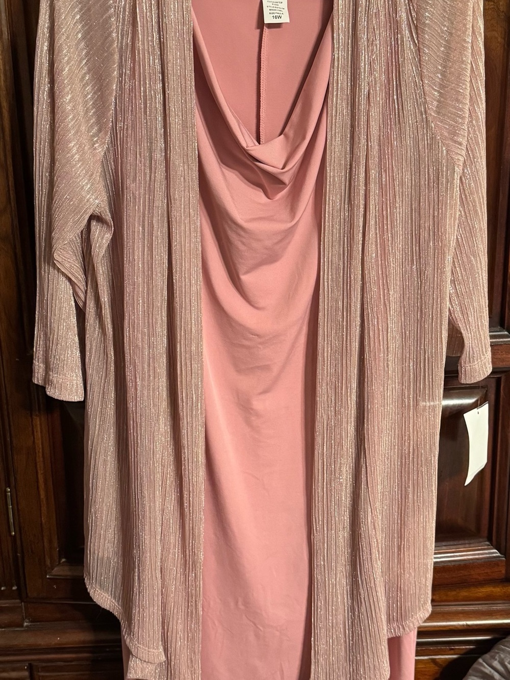 connected apparel Rose Pink Shimmer Cardigan and Cowl Neck Dress